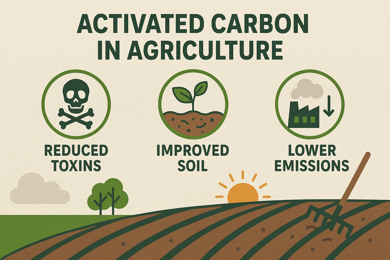 Infographic displaying key environmental and economic benefits of activated carbon in sustainable agriculture